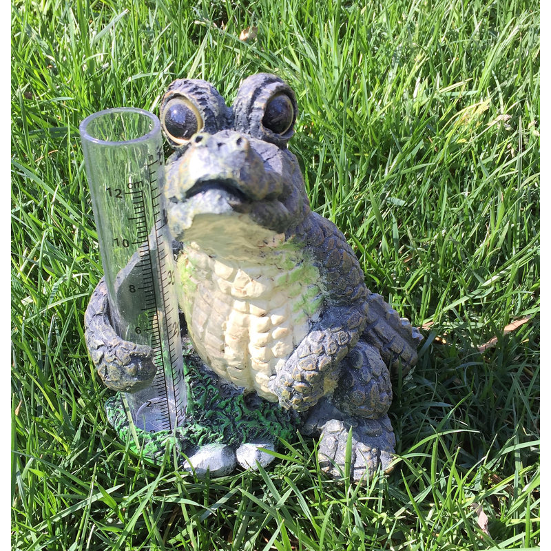 Whimsical Gray and Beige Resin Alligator Rain Gauge Statue