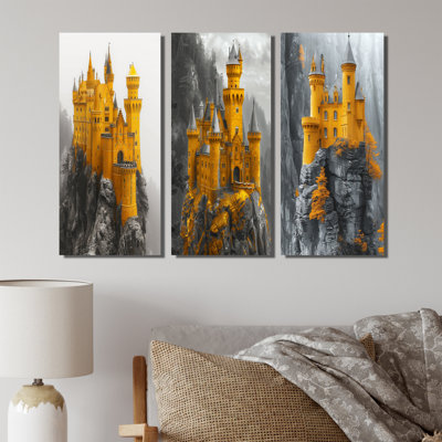 Château de forteresse monochrome jaune et gris en montagne I - Collection de 3 impressions sur toile traditionnelles