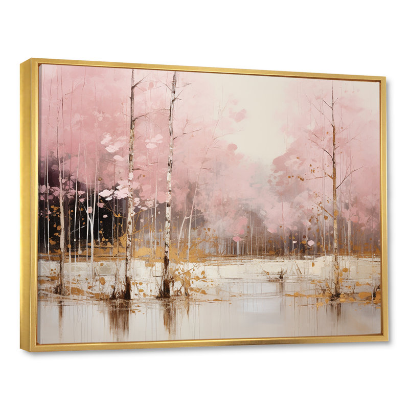 «Minimalisme rose et forêt dorée I», art sur toile, 34" H x 44" W, Cadre flottant doré