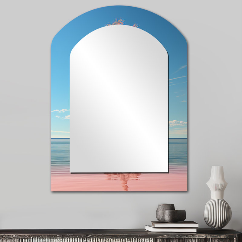 Sea Breeze Blue And Pink Plam Tree I - Coastal Arch Large Mirror, Blue Asymmetrical Unique Wall Mirror Decor, Printed Metal Art