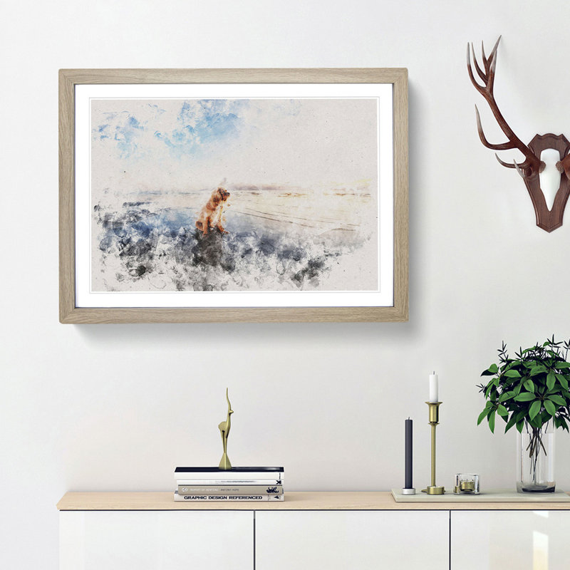 King Charles Spaniel upon the Beach - Picture Frame Painting Print, 62cm H x 87cm W x 2cm D, Oak Framed