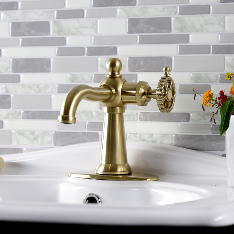 Robinet de salle de bain à un trou avec drain, Laiton brossé, Roue