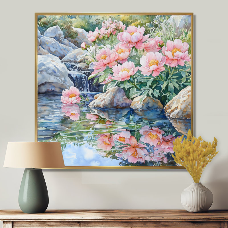 Pivoines près du ruisseau de montagne II - pivoines, art mural, Impression encadrée flottante, H 30 po x l 30 po, Doré