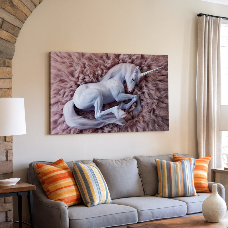 Toile, une licorne endormie sereine repose sur un fond rose pastel duveteux, ses caractéristiques délicates doucement illuminées par l'art mural