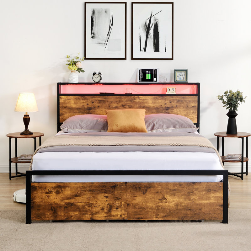 Cadre de lit moderne pour chambre à coucher, chambre d'amis, cadre de lit de chambre à coucher 1 pièce avec 2 tiroirs, lit à lumières DEL avec station de charge