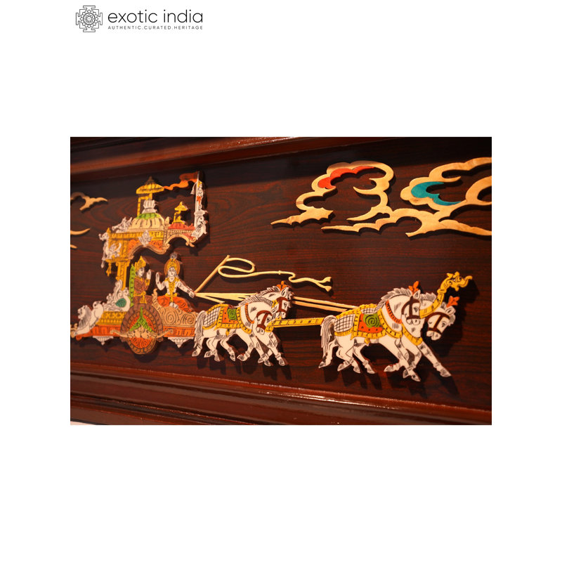 31" Geeta Updesh Krishna Gyan 3D Mysore Wood Inlay Wall Panel – Handcrafted Spiritual Wall Art for Meditation & Home Temple
