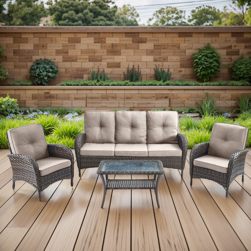 Valierius 4-Piece Outdoor Wicker Patio Furniture With 3 Seat Sofa, Rattan Coversation Set With Water Resistant Cushions