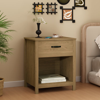 Table de chevet brun naturel avec tiroir et tablette pour les petits espaces dans le décor de la chambre à coucher - Style moderne, rangement pratique, table de chevet en bois d'ingénierie à installation simple