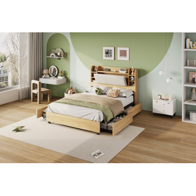 Billericay 47.2" King Size Bookcase Upholstered Bed Frame With 4 Storage Drawers,Maple
