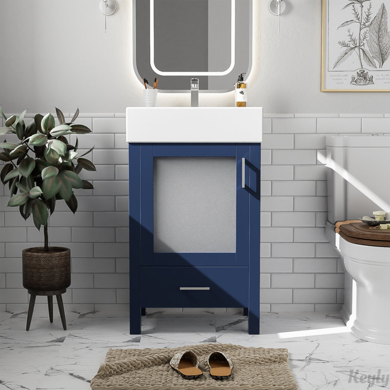 Meuble-lavabo de 20 pouces avec lavabo en céramique et beaucoup de rangement, Bleu