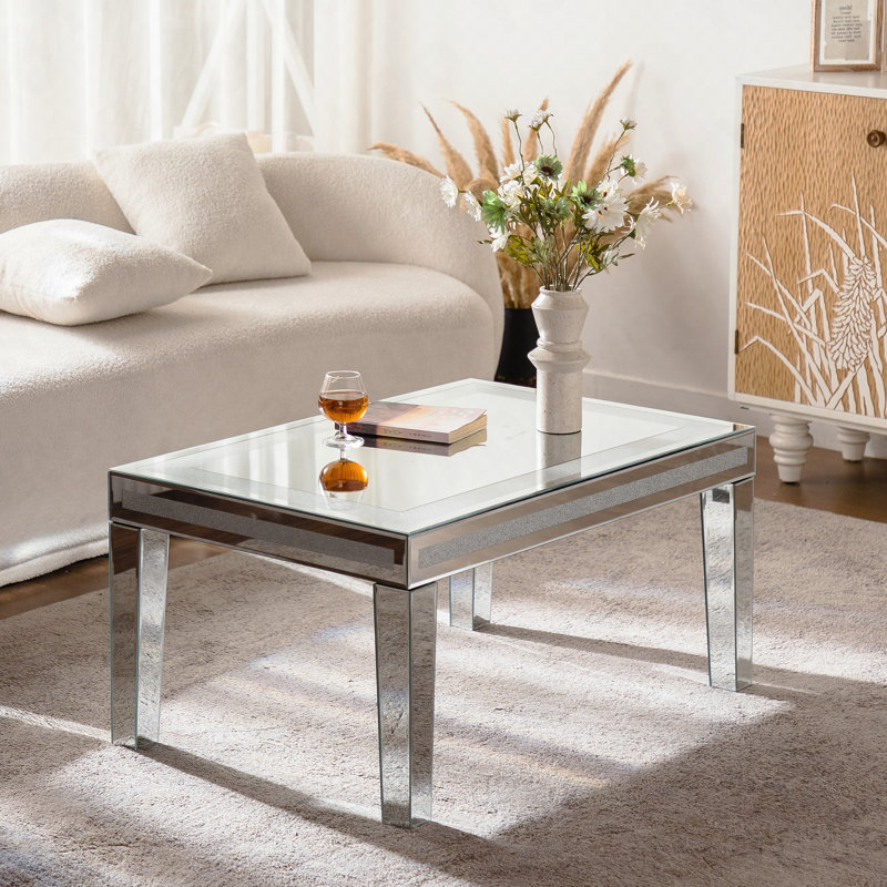 Table basse à miroir en miroir - Bordure en cristal concassé, verre - Argent