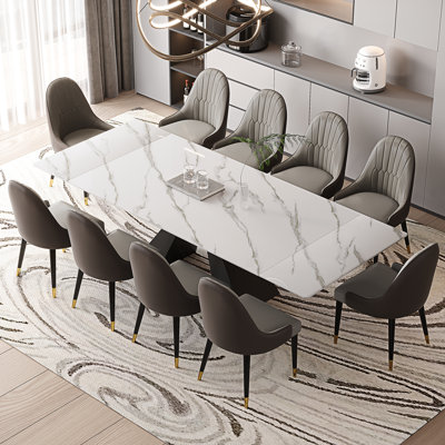 11-Pieces Dining Set With 110.24'' Extendable Faux Marble Dining Table and 10 Faux Leather Dining Chairs