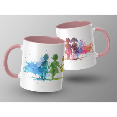 Kids Drawing Style 11oz Accent Mugs – Ceramic Coffee Cup with a Pink Handle and Interior