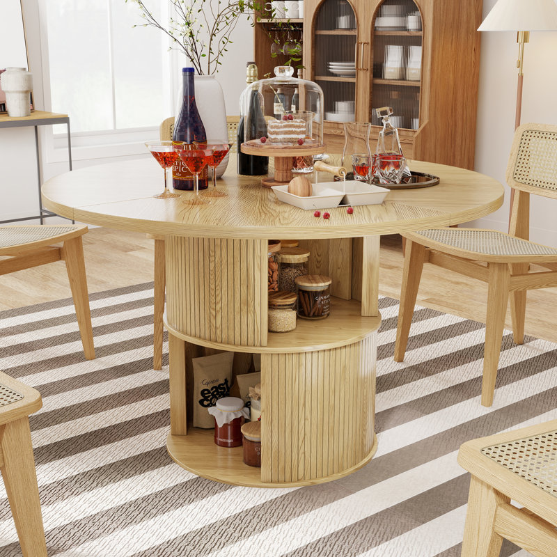 47.2” Round Dining Table For 4, Wood Farmhouse Kitchen Table With Wood 2-layer Storage Shelf Base, Wood