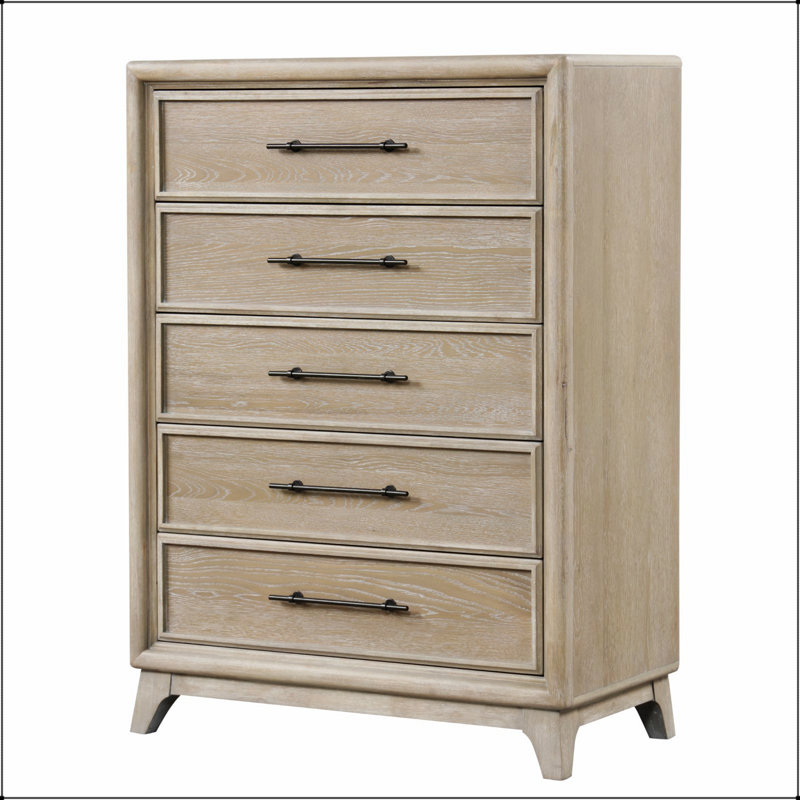 Commode 1Pc de style transitionnel avec poignées en métal, pieds en angle, tiroirs en queue d'aronde, glissières à roulement à billes, finition chêne pour la chambre à coucher