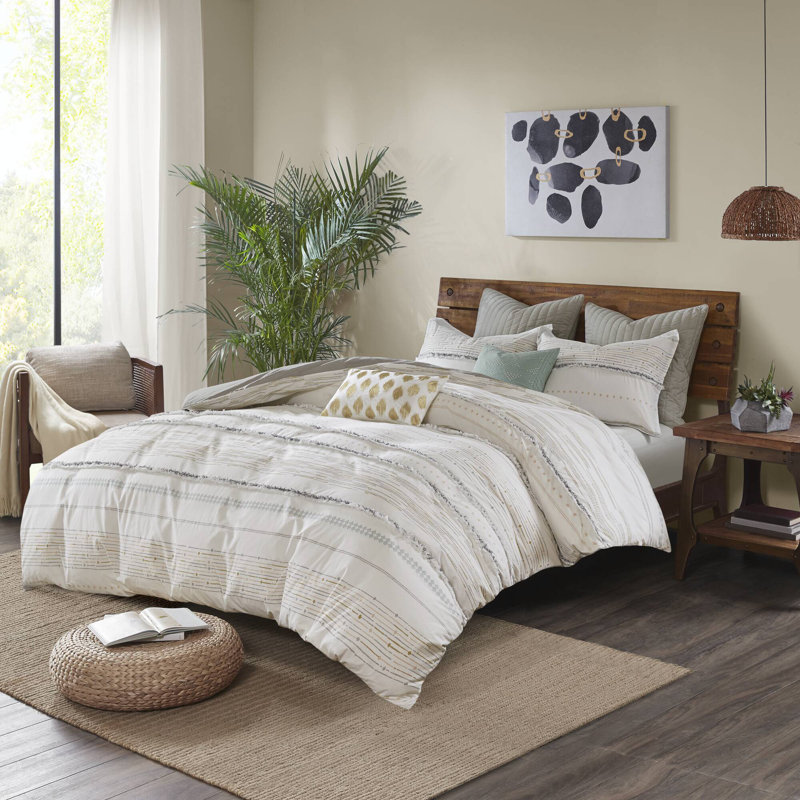 Nea Boho 3-Piece Striped Cotton Duvet Set, Full/Queen Duvet Cover + 2 Standard Shams, Off White/Gray