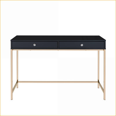 Bureau d'écriture moderne à 2 tiroirs de bureau l 47,5 po, bois noir brillant et pieds en métal doré | noir + or | bois + métal
