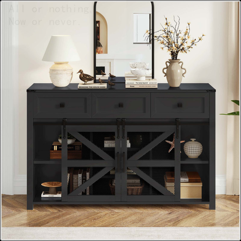 Sliding Barn Door Sideboard with Metal Mesh and Adjustable Shelves, Black