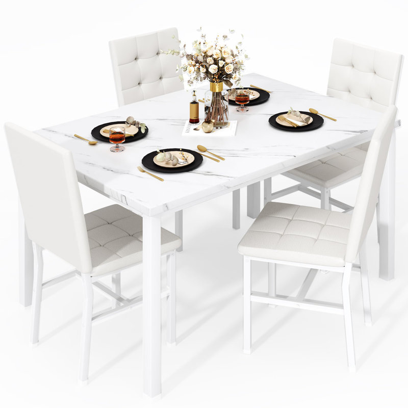Ensemble de table de salle à manger moderne pour 4 personnes, Blanc, Blanc