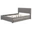 Lit plateforme tapissier très grand en lin gris et lit simple TG avec tête de lit à motif brique, lit stable, structure en bois