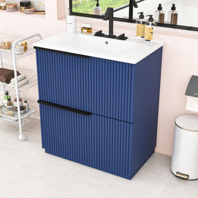 Meuble-lavabo autoportant moderne avec lavabo en céramique intégré et tiroir à fermeture en douceur