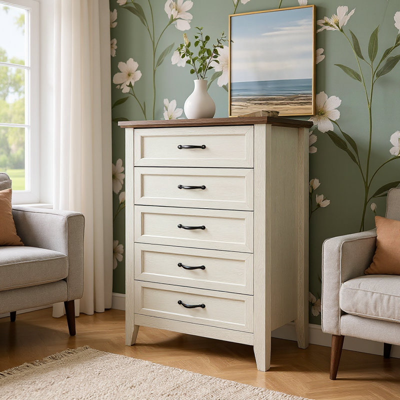 Commode 5 tiroirs 5 tiroirs avec poignée en métal, Chêne blanc