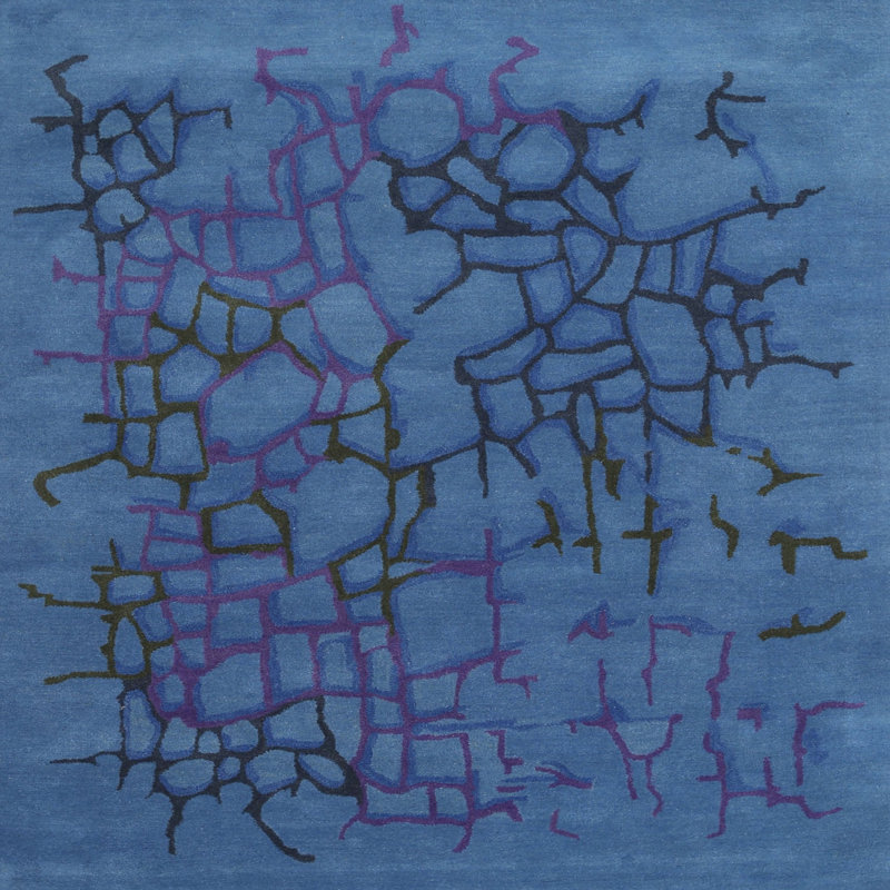Tapis bleu / noir en laine et polyester tissé à la machine à motif abstrait, Carré 8 pi