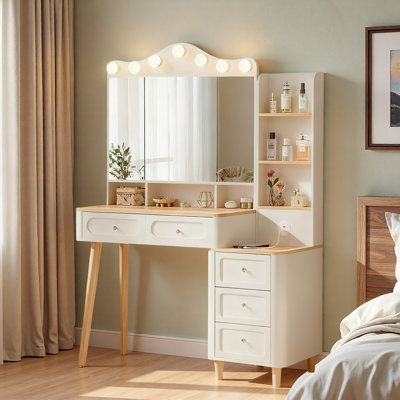 Bureau de meuble-lavabo avec miroir à trois côtés pliable 3 couleurs d'éclairage, 2 barres d'alimentation USB et 5 tiroirs