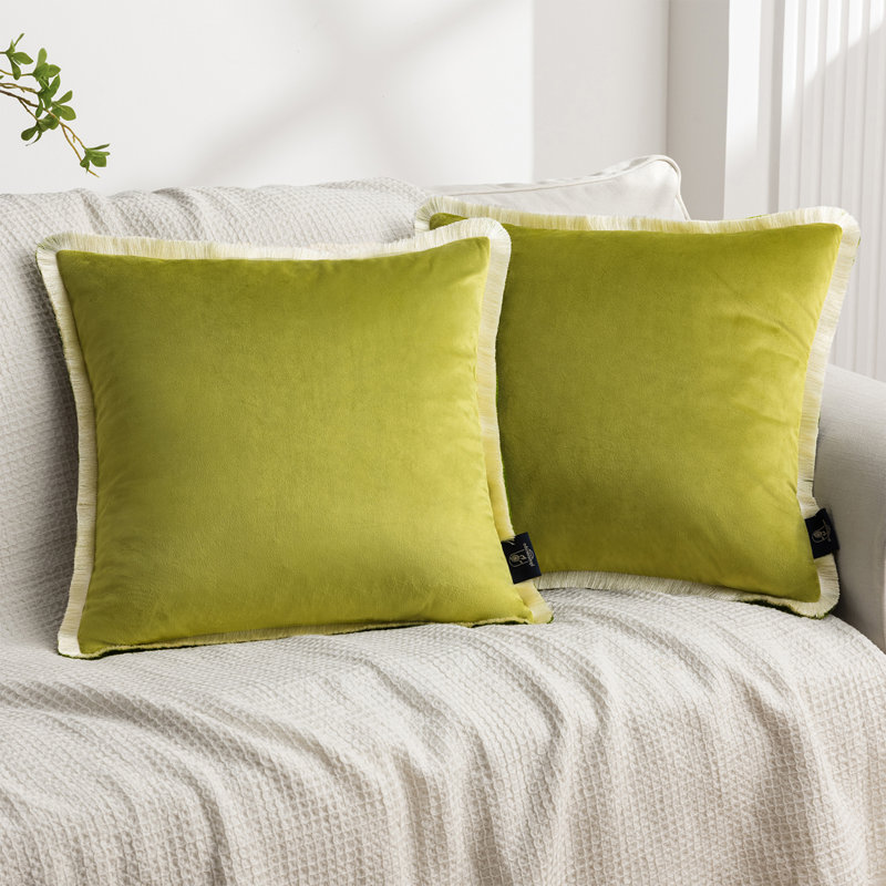 Housses de coussin en velours avec garniture de pampille contrastante, housse de coussin décorative carrée, Vert clair
