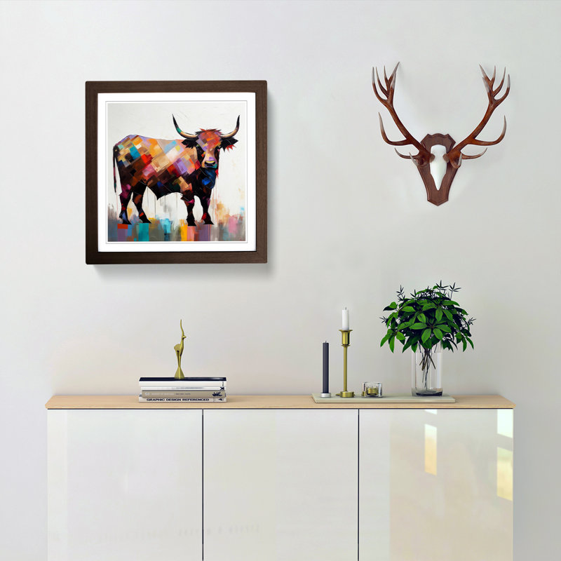 Highland Cow Suprematism No.2 1 Piece Single Picture Frame Wall Art, Walnut