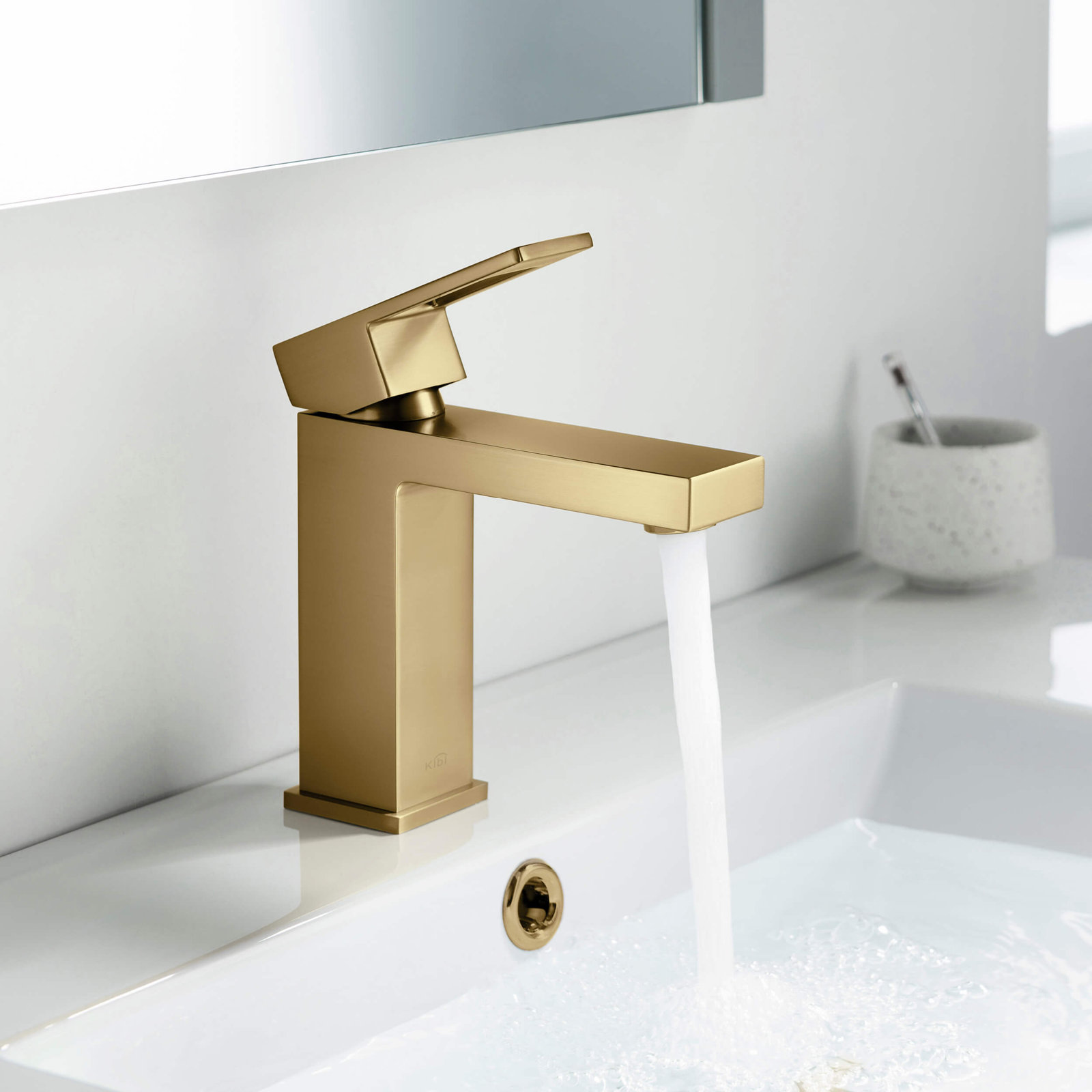 Cube Single-Hole Bathroom Faucet, Drain Assembly Included, Brushed Brass