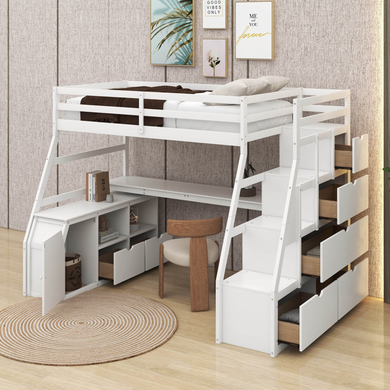 Lit mezzanine simple avec tiroirs, tablettes et bureau, Blanc