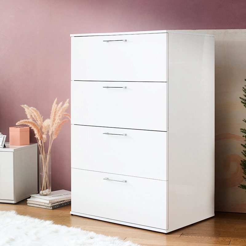 Jumbo Storage Chest In Glossy White With Deep Drawer Capacity Four Dresser - Extra Space For Larger Objects, Full Extension Bearing Slides Easy Retrieval, Water & Heat Build, Stain Scratch Finish, E0