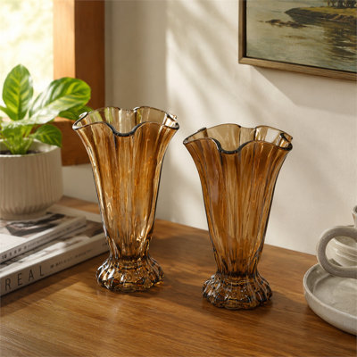 Ensemble de 2 vases en verre à volants bruns rétro H 6,1 po x 9,1 po