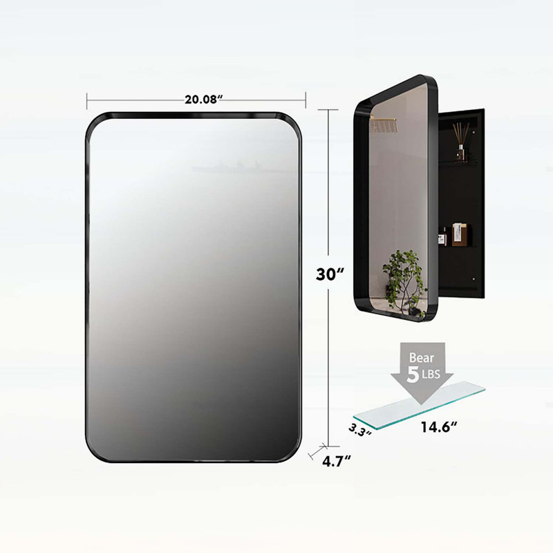 Armoire murale à miroir, armoire à pharmacie avec miroir et tablettes réglables, Noir