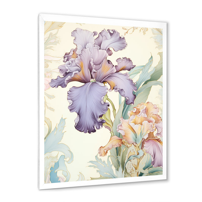 Iris mauve fleuri dans des tons pastel rétro I sur toile, H 32 po x l 16 po x P 1 po, Cadre simple blanc