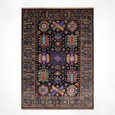 Original Hand Knotted Traditional Pattern Black Wool and Cotton Rug