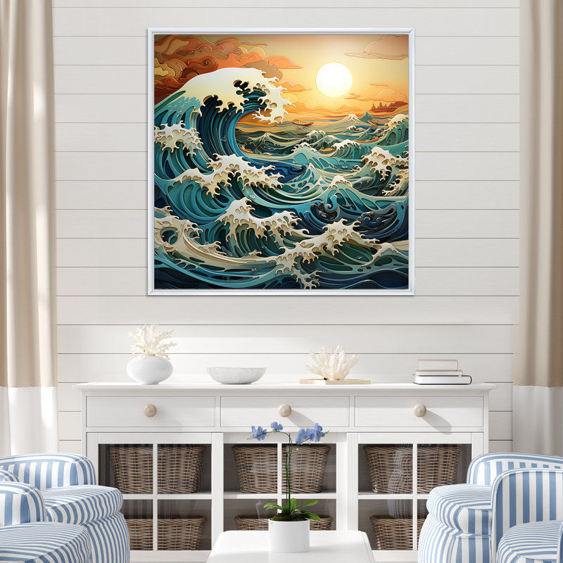 Océan charme vif effet bois coupé IV, H 16 po x l 16 po x P 1 po, Cadre flottant blanc