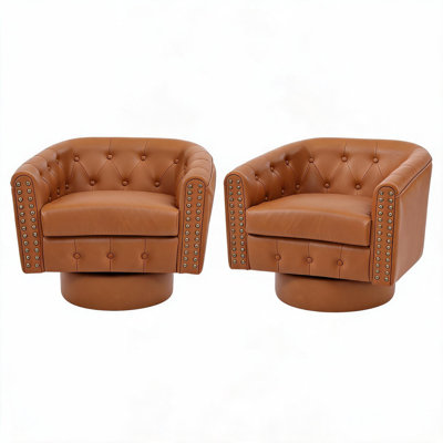 Fauteuil d'appoint pivotant à 360 ° pour salon ou chambre à coucher - Revêtement en similicuir - Garniture de rivet - Siège de coiffeuse / de lecture rond - Brun