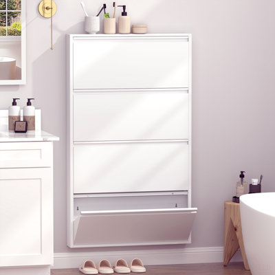 Metal Shoe Cabinet with 4 Flip Drawers, Wall Mounted Shoe Organizer, Narrow Slim Hidden Shoe Rack Storage for Entryway