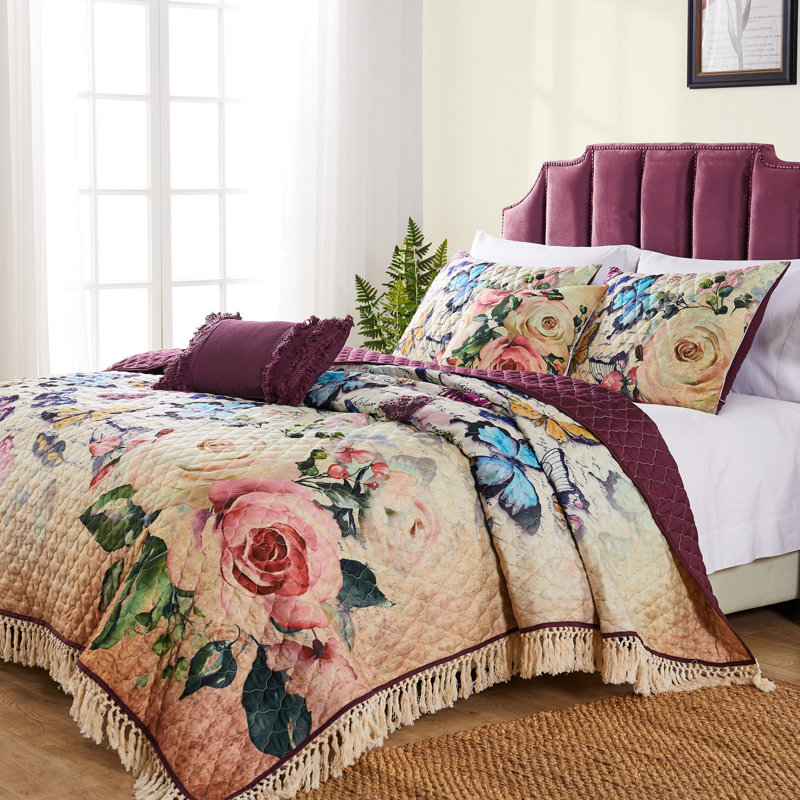 Ensemble de courtepointe réversible en microfibre Shresbury, Courtepointe double/grand et 2 taies décoratives
