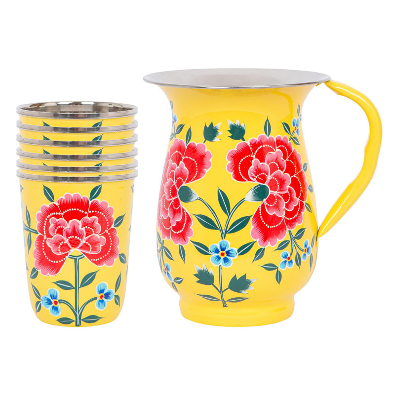 East Urban Home Hand-Painted Picnic Water Jug with 300ml Cups - 1.7L - Cotton Peony, Yellow