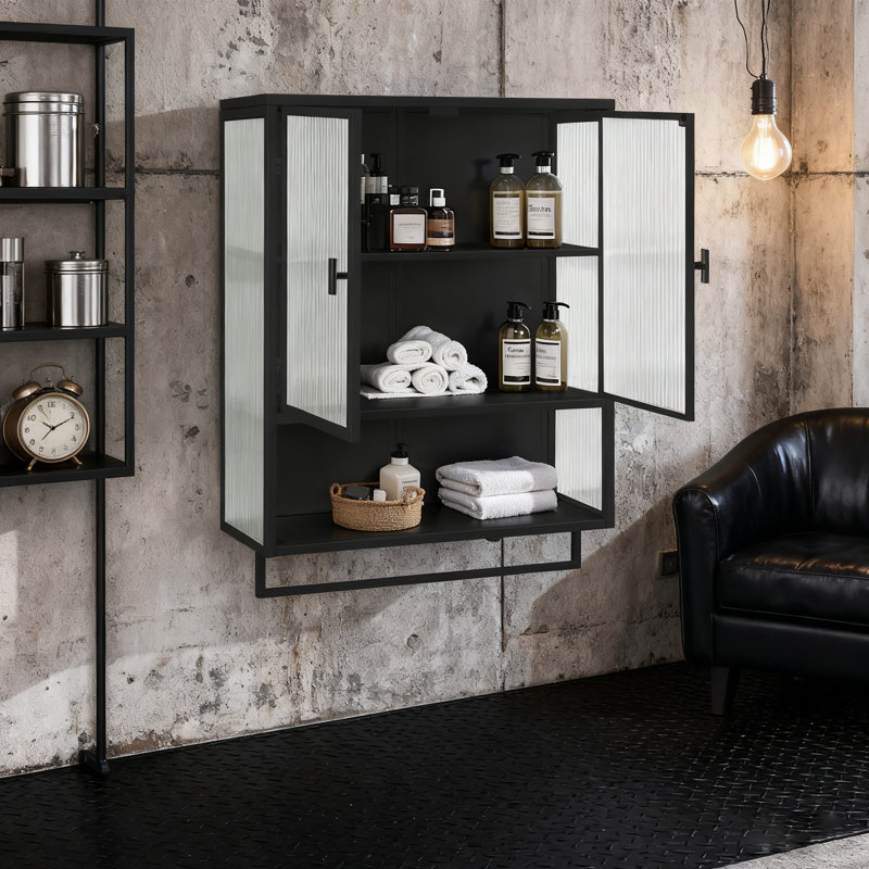 Armoire murale 23,62 "en verre noir - 2 niveaux + tablette ouverte + porte-serviettes