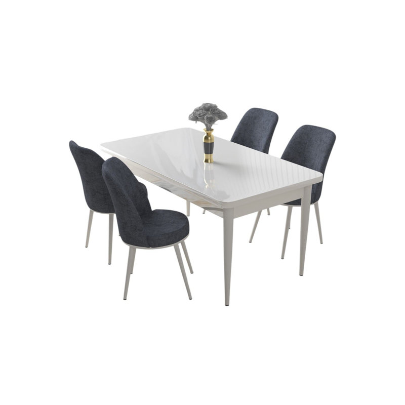 Ensemble de table et chaises de salle à manger moderne (5 pièces), blanc et fumée, 43,3 po x 29,9 po x 27,9 po | Panneau de particules 100% mélaminé, pieds et cadres en métal, tissu Jerry, assise en mousse confortable, idéale pour les espaces de salle à manger contemporains