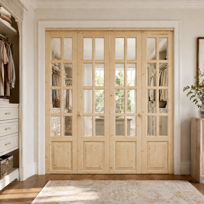 48" x 80" 8 panels Clear Glass And Solid Wood Double Bi-Fold Door With Installation Hardware Kit