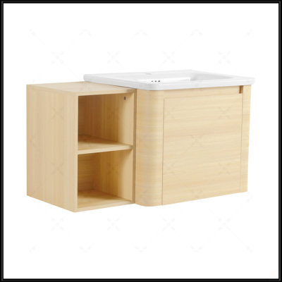 Meuble-lavabo mural avec lavabo en céramique blanche, tablettes de rangement et porte à fermeture en douceur, design élégant et écologique