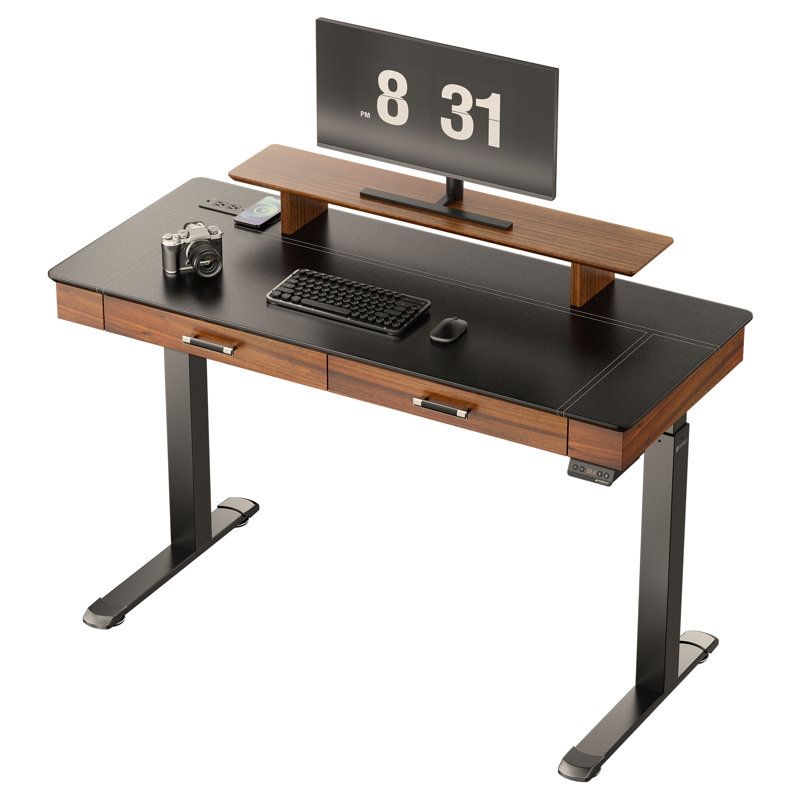 55'' Adjustable Standing Desk With Drawers, Pu Leather Finish