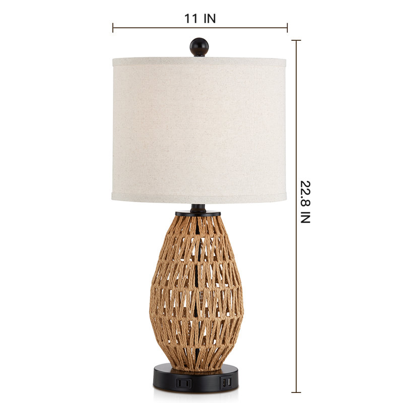 Adone 22.5" Natural Rattan Bedside Table Lamp with Dual USB Ports and Touch Control