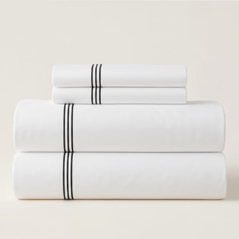 500TC Cotton Triple Embroidery Sateen Solid Cotton 4 Piece Sheet Set Fitted Sheet Fits Upto 16" Deep Pocket, Black Border