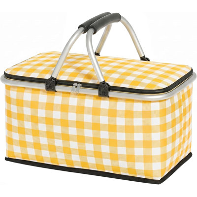 Insulated Collapsible Market Basket, 30L Large Picnic Basket with Lid & 2 Sturdy Handles for Shopping, Food Delivery, Travel (Yellow Grid)